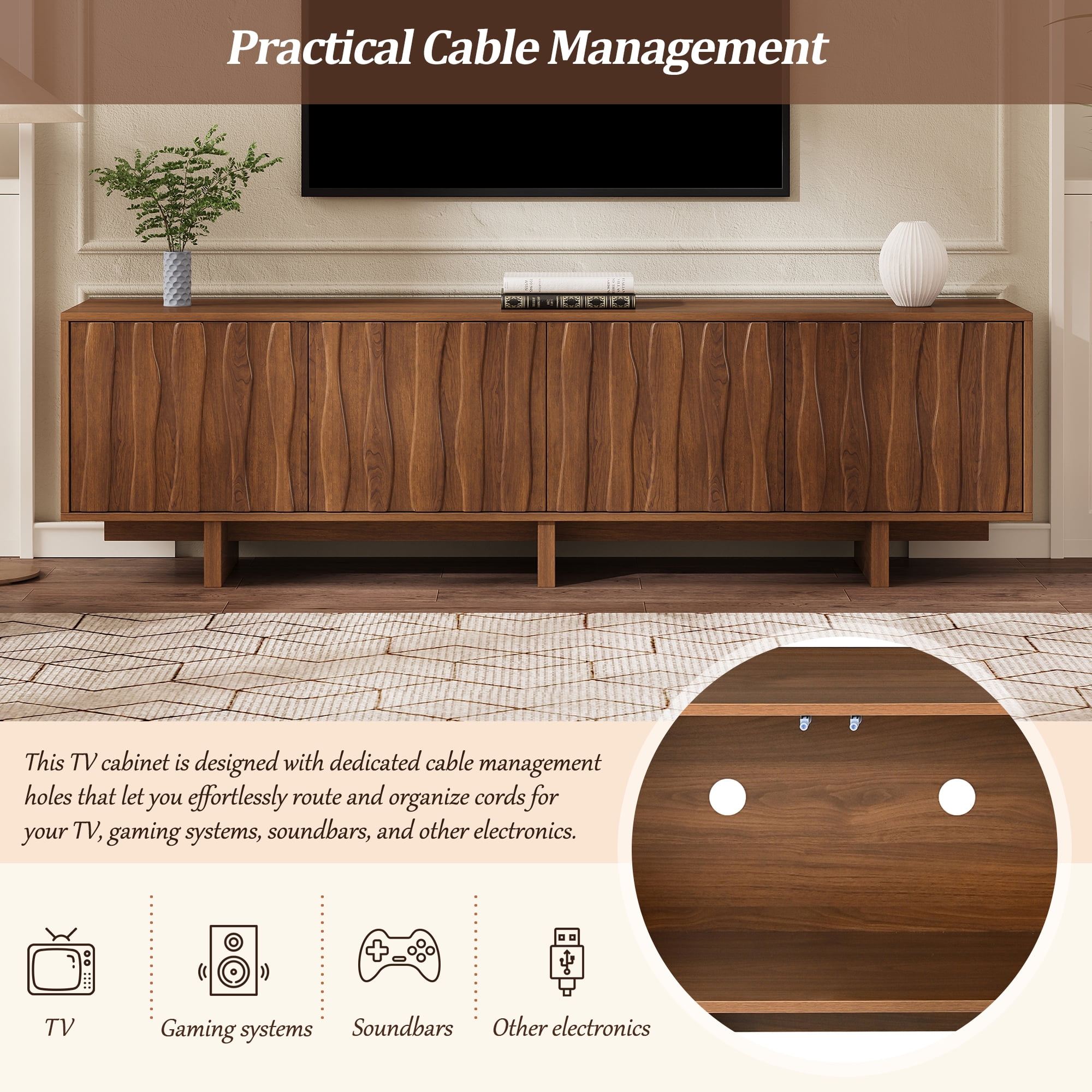 Euroco Retro Style Wood Grain TV Stand with Wavy Door Design for TVs up to 75", Rustic Media Console with Ample Storage Space, Sturdy Base TV Cabinet with Cable Management