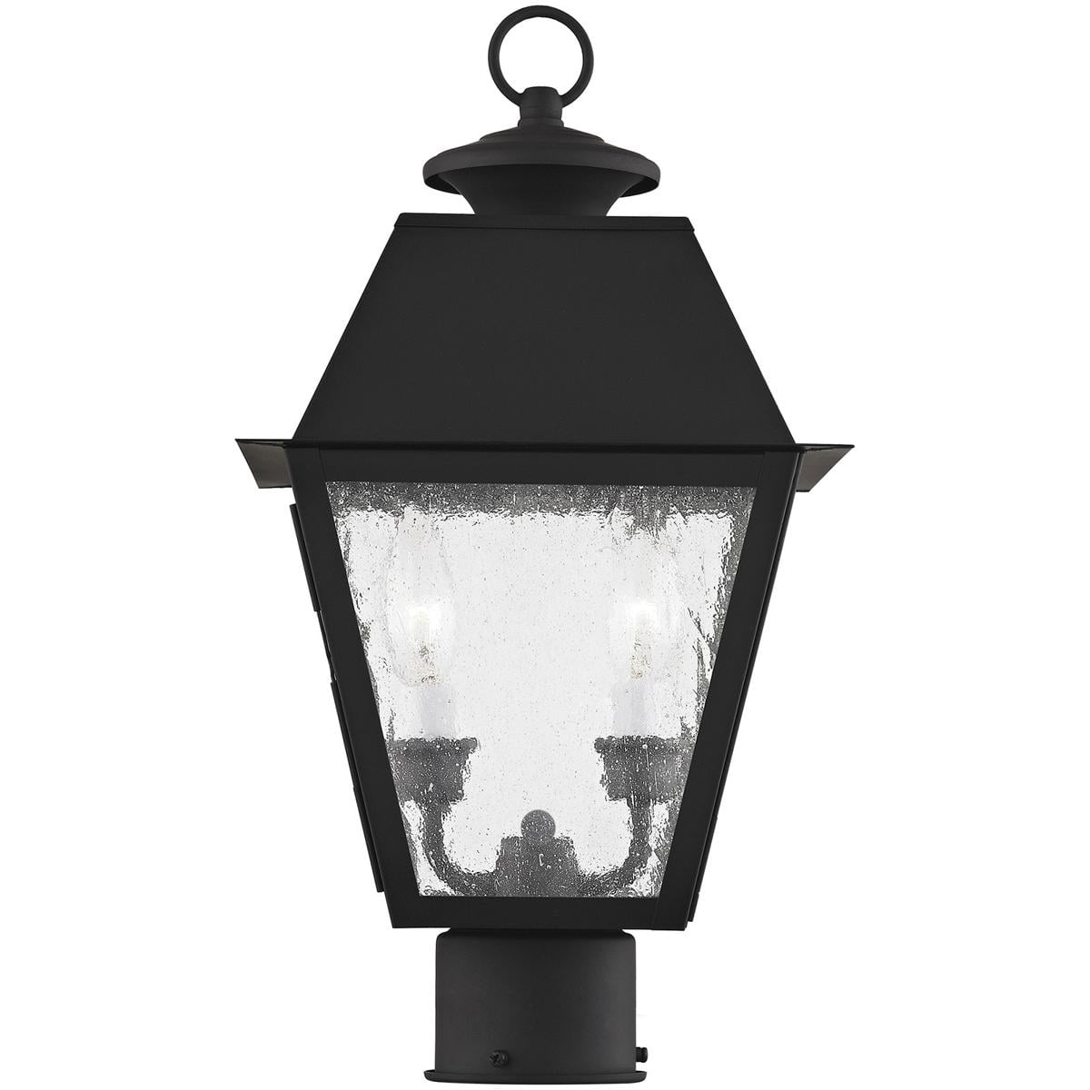 9 inch 2 Light Black Outdoor Post Lantern Pendant Lighting Fixture with Seeded Glass Shade backed with Hand Crafted Solid Brass material for patio, front porch, entryway and more