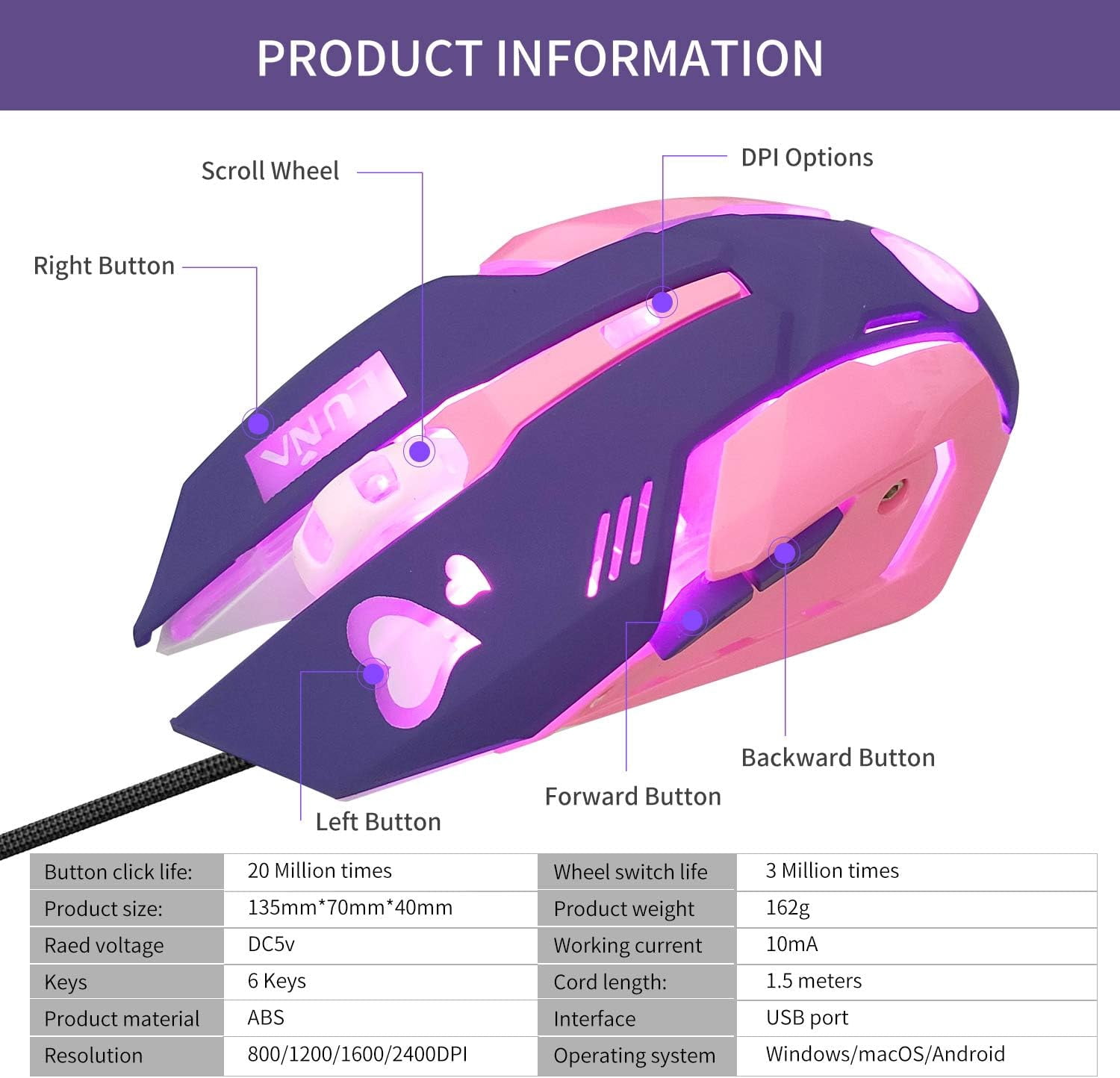 Lovely Wired USB Computer Mouse,7 Colors Backlit,Silent Buttons,3200 DPI,for MacBook,Computer PC,Laptop