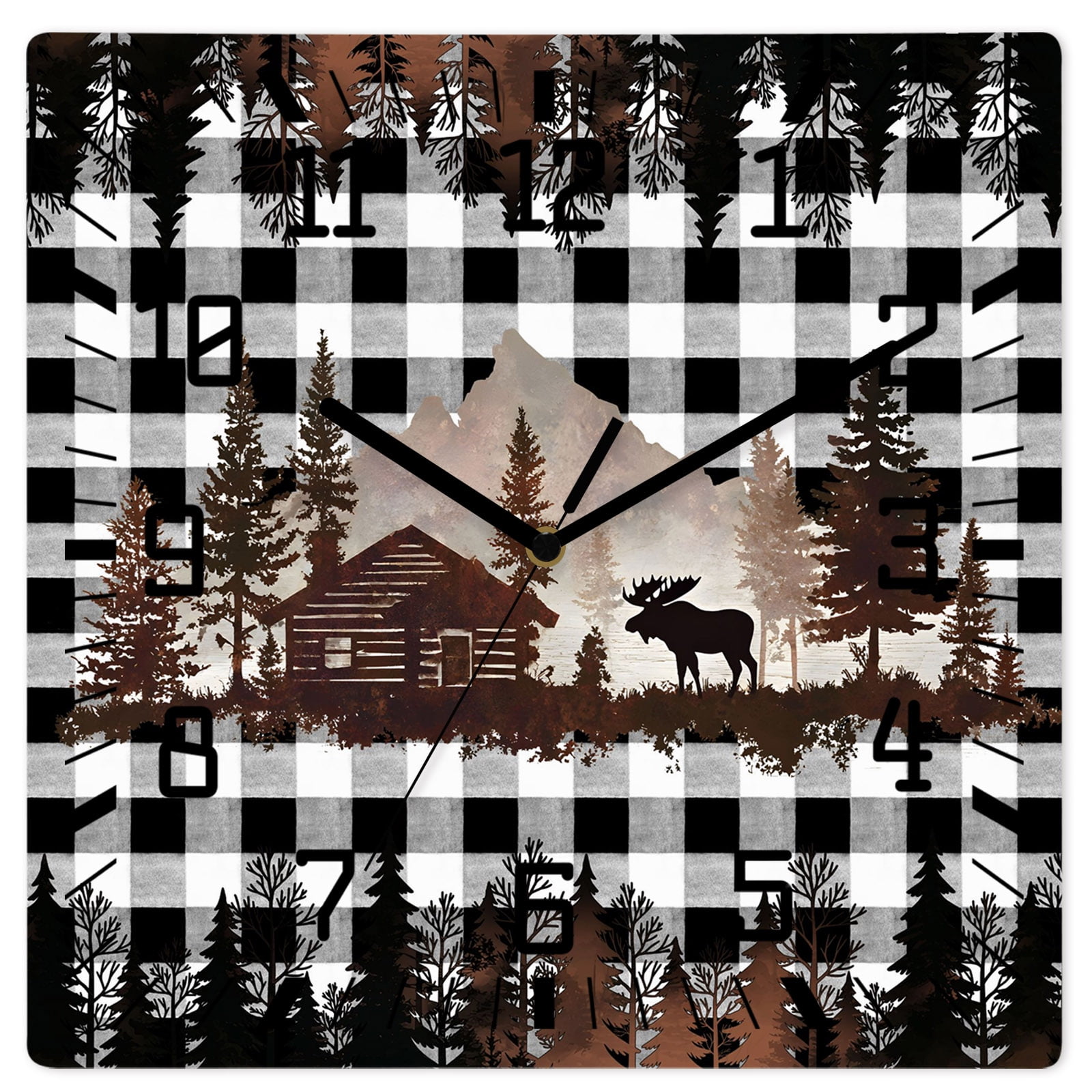 Wall Clock Forest Moose Operated Square Clocks Wooden Silent Non-Ticking Wallclock 12 Inch Cabin Animal Pine Tree Woodland Plaid Wood Wall Clock for Living Room Bedroom Office Shool Home Decor