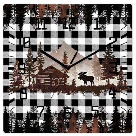 Wall Clock Forest Moose Operated Square Clocks Wooden Silent Non-Ticking Wallclock 12 Inch Cabin Animal Pine Tree Woodland Plaid Wood Wall Clock for Living Room Bedroom Office Shool Home Decor