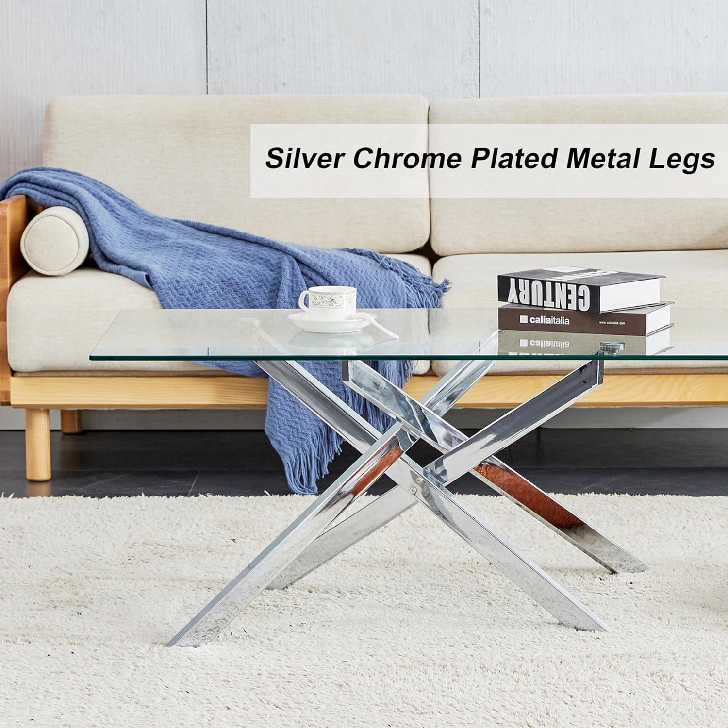 Glass Coffee Table, Holaki 39.4" Clear Rectangle Glass Coffee Table, Modern Coffee Table with Metal Legs, Center Table Sofa Table Home Furniture for Living Room
