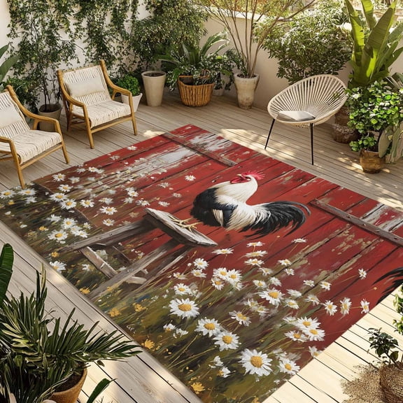 Fsddascl Farmhouse Rooster Outdoor Rug for Patio/Deck/Porch, Non-Slip Large Area Rug 4 x 6 Ft, Rustic Daisies Red Wooden Indoor Outdoor Rugs Washable Area Rugs, Reversible Camping Rug Carpet Runner