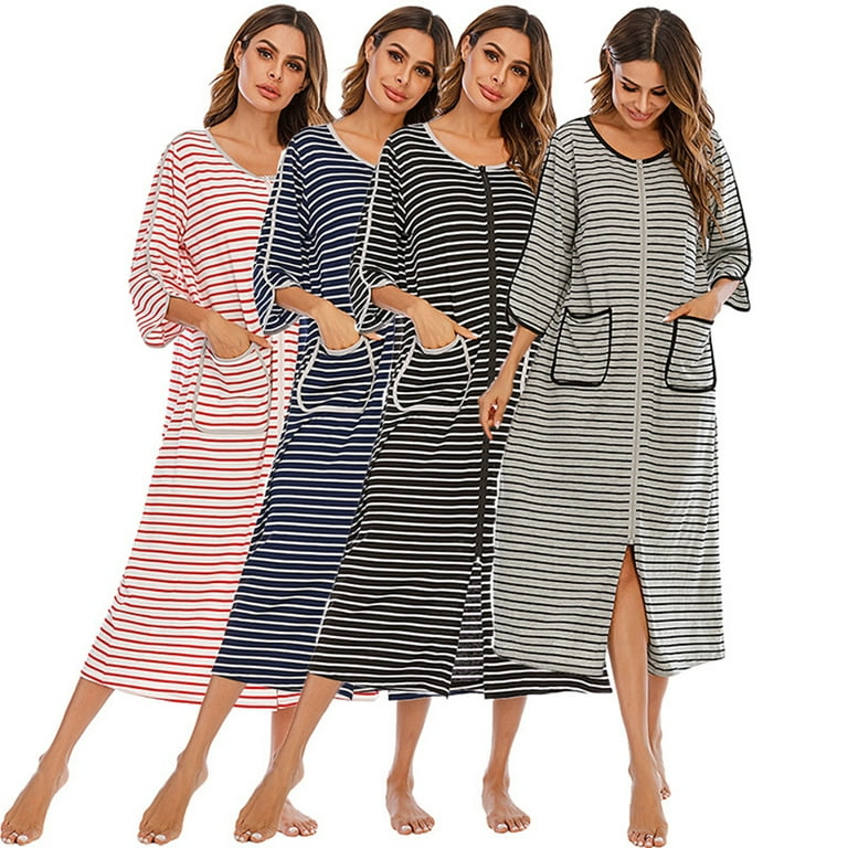 Women's Zip Up Ankle Length Robes Half Sleeve Zipper Bathrobe Cotton House  Coat with Pockets,Plus Size Striped O-neck House Coat Loungewear Long  Nightgown Housedress,S-XXL Gray - Walmart.com