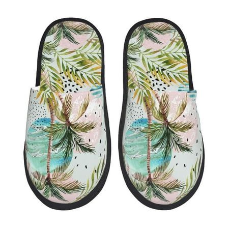 Balery Watercolor Palm Tree Slient Indoor Furry Fleece Comfort House Shoes Soft Non-Slip Home Shoes Cotton slippers House Slippers-- Large