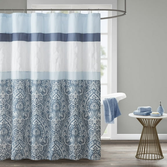 510 Design Shower Curtain, Embroidered Bathroom Curtain with 12 Button Holes, Blue/White, 72” x 72"