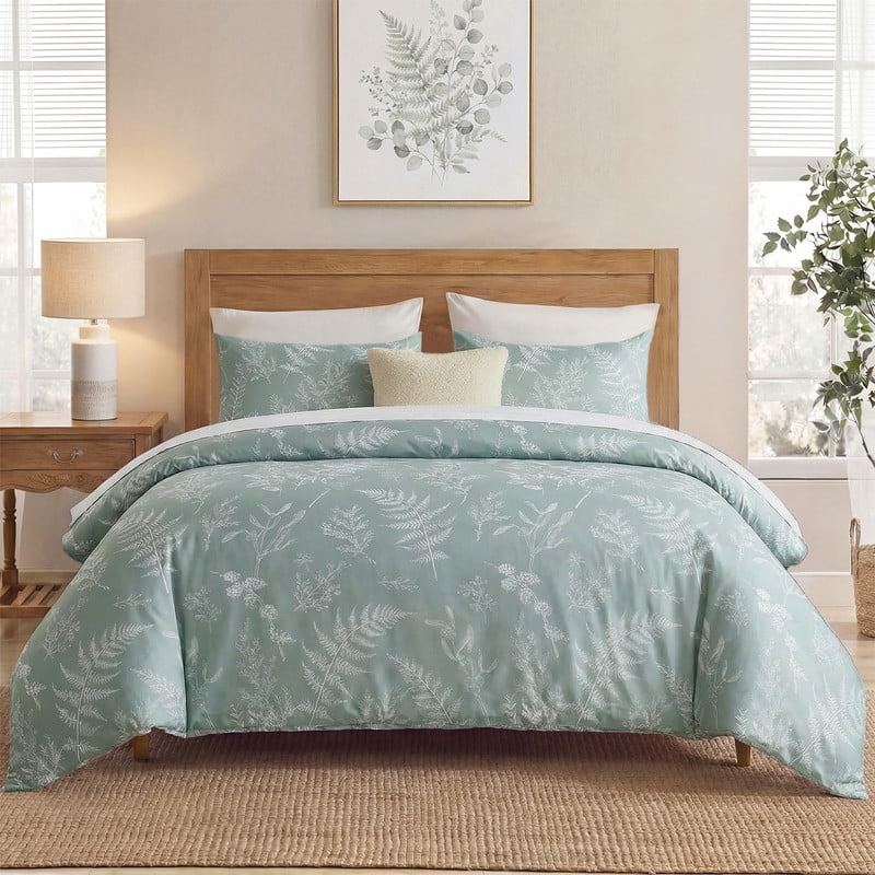 100% Cotton Floral Duvet Cover Set Queen Size, Green Branches Botanical Bedding, 3 Pcs with Zipper Closure & Corner Ties, Soft Breathable Duvet Cover for All Seasons