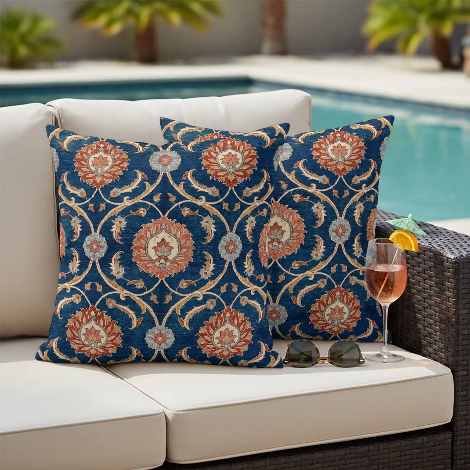 Flower Pattern Outdoor Pillow Covers Set of 2 Vintage Orange Classic Floral Country Navy Blue Waterproof Throw Pillow Cover Decorative Cushion Cases for Patio Porch Garden 20X20 Inch