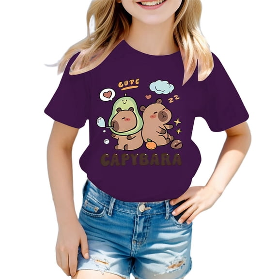 YM Girls T Shirts Oversize Purple for 10-12 Years,Girls' Round Neck Cartoon Animal Patterned Printed Loose Casual Short Sleeved T Shirt