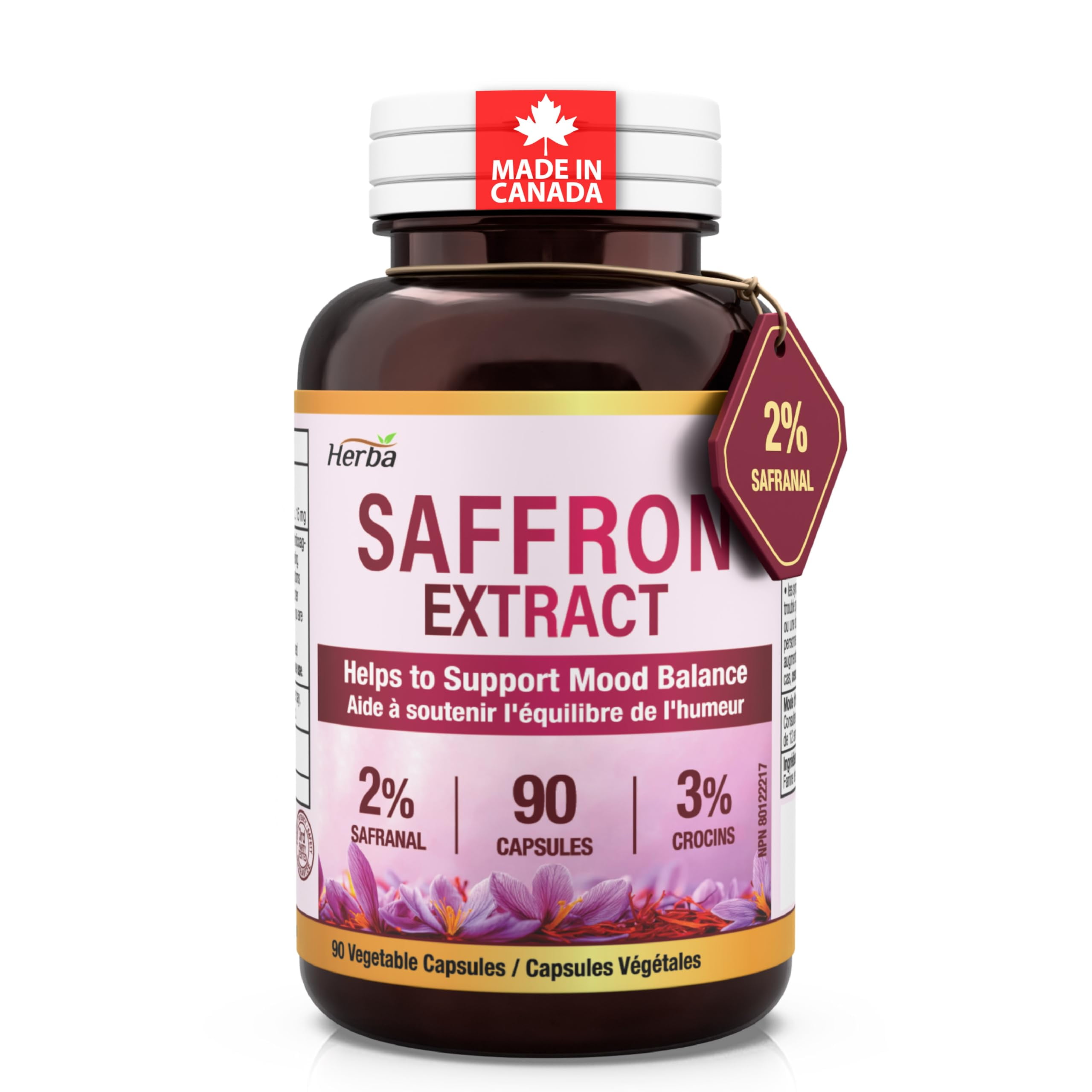 Herba Herba Saffron Supplement – 90 Capsules | Saffron Extract Standardized to 2% Safranal and 3% Crocin | Made in Canada