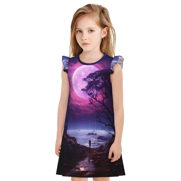 Balery Purple Moon Tree Night Sky Camisón de princesa para niñas, pijama de algodón con mangas abullonadas, suave y bonito.-Small