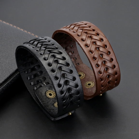 SmartBy Vintage Men Faux Leather Wide Braided Bracelet Cuff Button Wristband Bangle