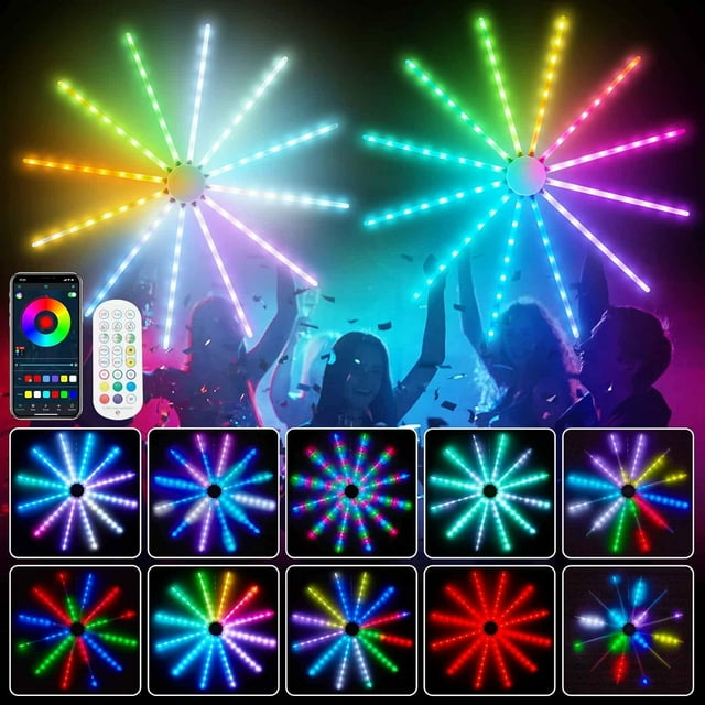 Juego de 2 luces LED de fuegos artificiales, 96 LED RGB con control por aplicación Bluetooth, tira de luces de fuegos artificiales IP65 para exteriores e interiores.