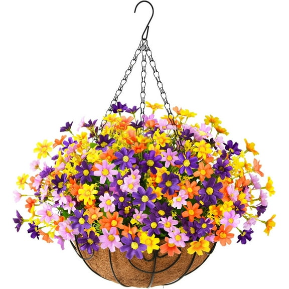 Artificial Christmas Faux Hanging Flowers in Basket for Outdoor Porch Decoration,Fake Hanging Plants with 12inch Coconut Lining Chain for Outside Garden Patio Decor(Orange Violet)
