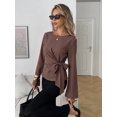 thumbnail image 4 of Women's French Old Money Style Brown Striped Tie Waist Blouse Boat Neck Long Sleeve Fitted Top for Fall Winter Office Commute Daily Outfits with Black Pants, 4 of 5