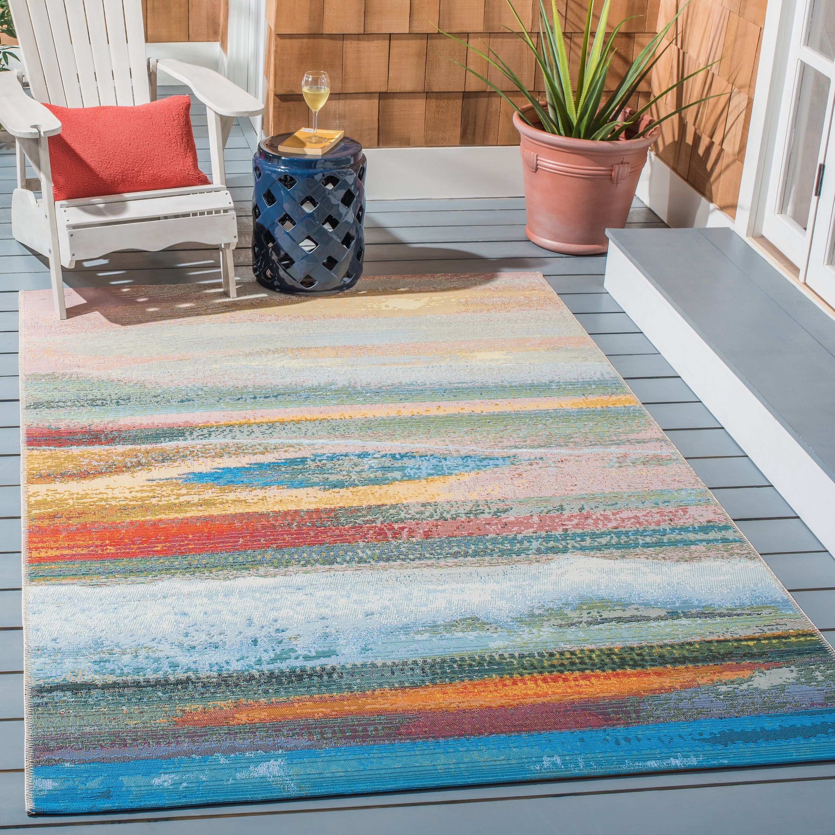 SAFAVIEH Barbados Abstract Beach Outdoor Area Rug, Light Blue/Pink, 5'3" x 5'3" Square