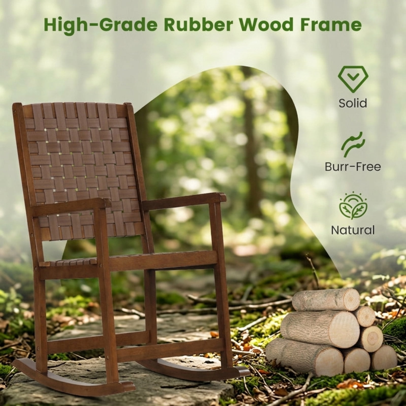 Furnibear Outdoor Rocking Chair Solid Rubber Wood for Backyard Deck Garden Brown 220 lbs Capacity Weather-Resistant Outdoor Furniture