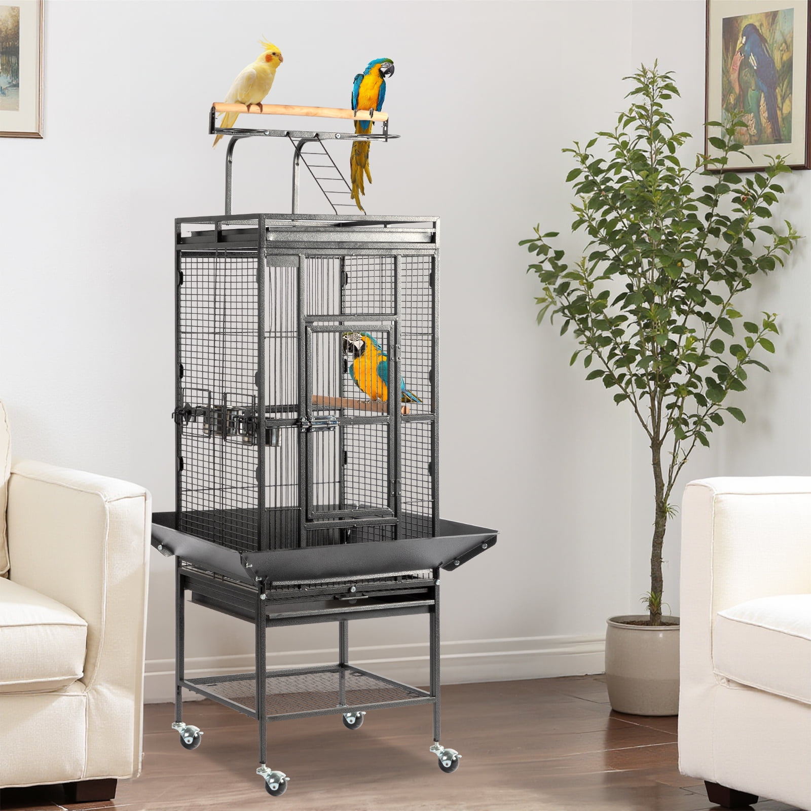 UBesGoo 65" Large Flight Bird Cage with Rolling Stand & Storage Shelf for Parrots Lovebird Cockatiel Parakeets, Black
