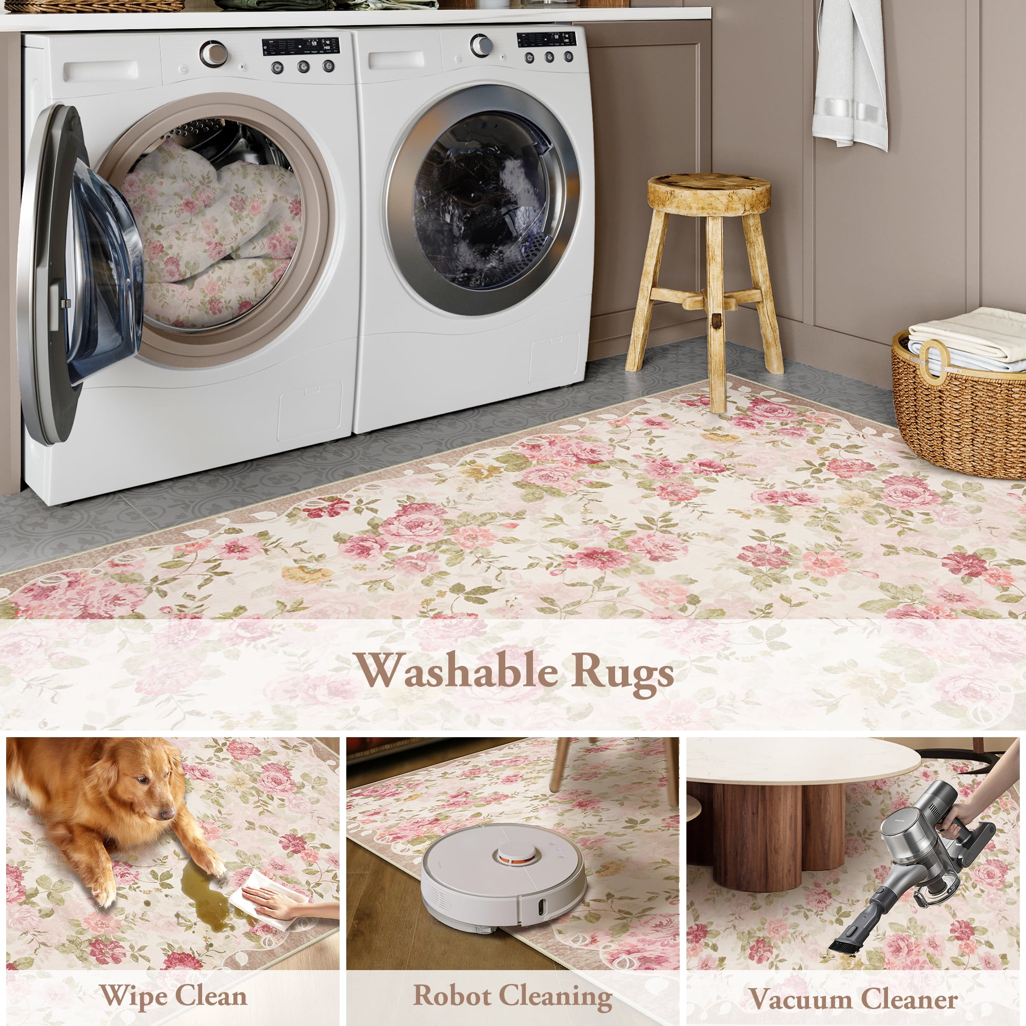Lahome Decor 5'x7' Pink Floral Washable Rugs,5x7ft Rugs for Bedroom Girls Boho Area Rug,Vintage Rugs for Living Room Non Slip Low Pile Ultra-Thin Carpet for Farmhouse,Dining Room,Kids Playroom,Beige