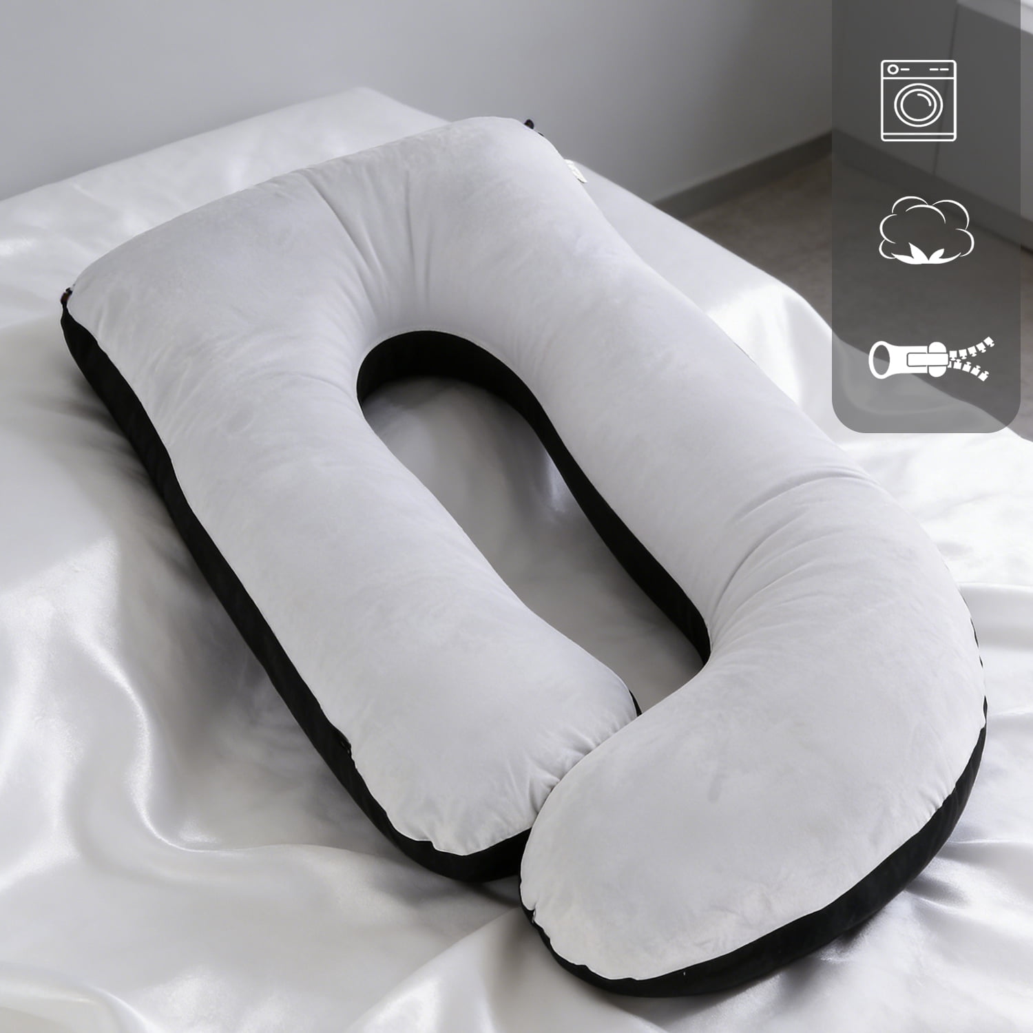 AFGFUF J-Shaped Pregnancy Pillow, 63" x 19.6", Full Body Maternity Pillow for Back, Hip & Belly Relief, Black-Grey