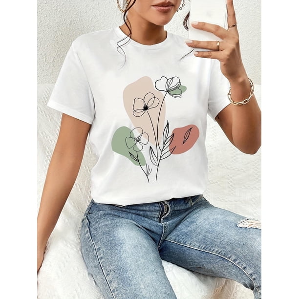 Women's Casual Floral Print Short Sleeve T-Shirt - Polyester Blend (95% Polyester, 5% Spandex), Crew Neck, Regular Length, Knit Fabric, All Season Wear Tee For Adult, Men, Women, Teen, Teenager, Adol