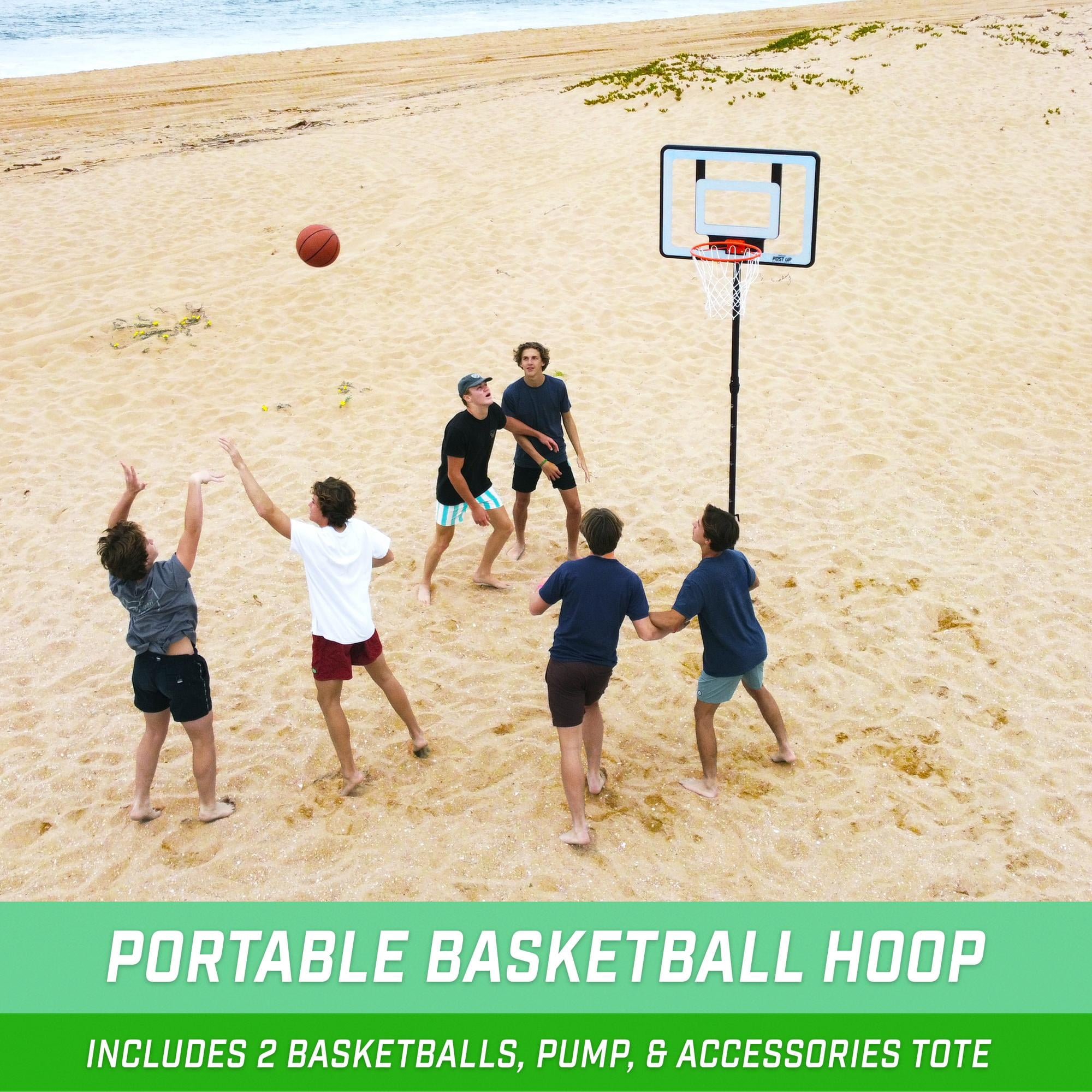 GoSports Post Up Portable Beach Basketball Hoop for Kids and Adults - Play on Grass or Sand - Includes 2 Basketballs, Pump and Accessories Tote