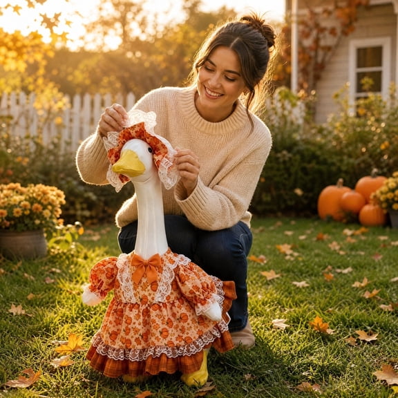 AZXY Fall Pumpkin Maple Leaf Porch Goose Outfits, Goose Clothes, Goose Clothes Dress, 23 Inch Costume for Cement & Plastic Goose Statue, Autumn Accessory for Outdoor Garden Patio Statue Decoration