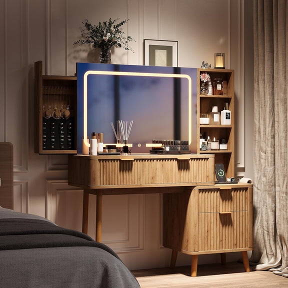 LAZZO 48" Wood Vanity with Glass Top, 3-Color Lights Mirror, Sliding Jewelry Organizer & Charging Station, Oak