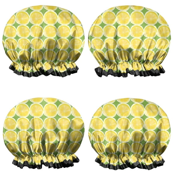 Shower Caps,Yellow Lemon Slices Green Pattern Waterproof Shower Cap for Women 4 Pieces,Double Reusable Hair Cover for Shower PEVA Elastic Stretch Hem