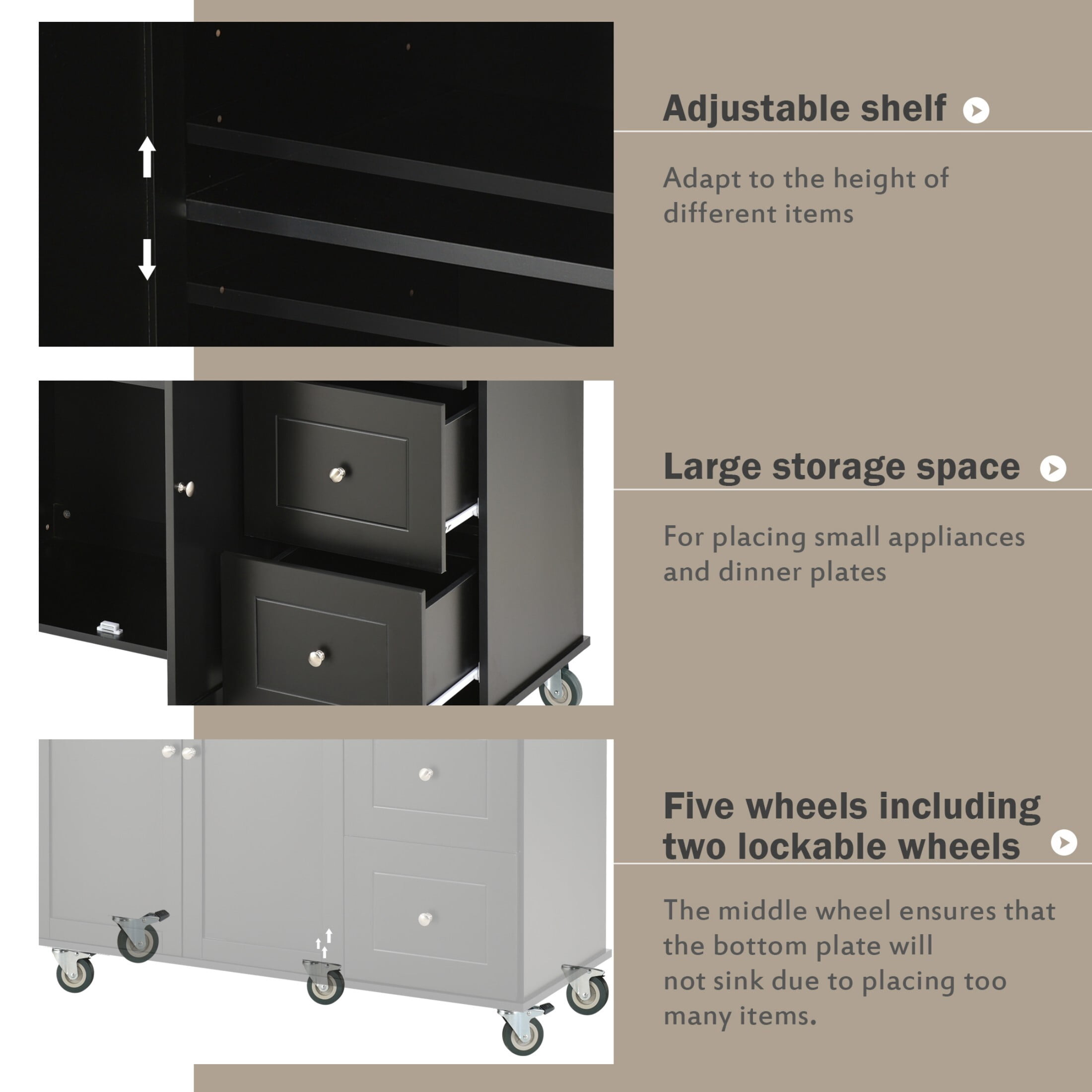 AENKYO 52.7'' Kitchen Island Cart with Drop Leaf, Rolling Kitchen Storage Cart with 3 Drawers, Black