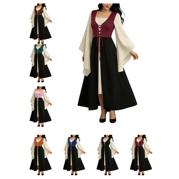 Busydd Womens Renaissance Dress Fashion Square Neck Lace Up Medieval Dress Colorblock Bell Long Sleeve Party Dress S