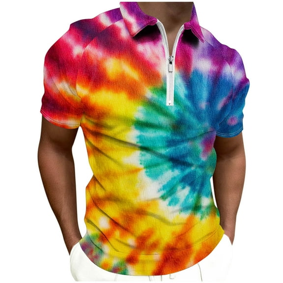 Dagegui Men's Golf T-Shirts Colorful Tie Dye Print Short Sleeve Pullover Tops Trendy 1/4 Zipper Turndown Shirts Summer Lightweight Sport Tees 2025 Clearance Sale Yellow,XL