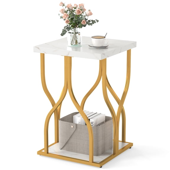 Gymax Faux Marble Nightstand 2-Tier End Table w/Storage Shelf Metal Frame for Bedroom