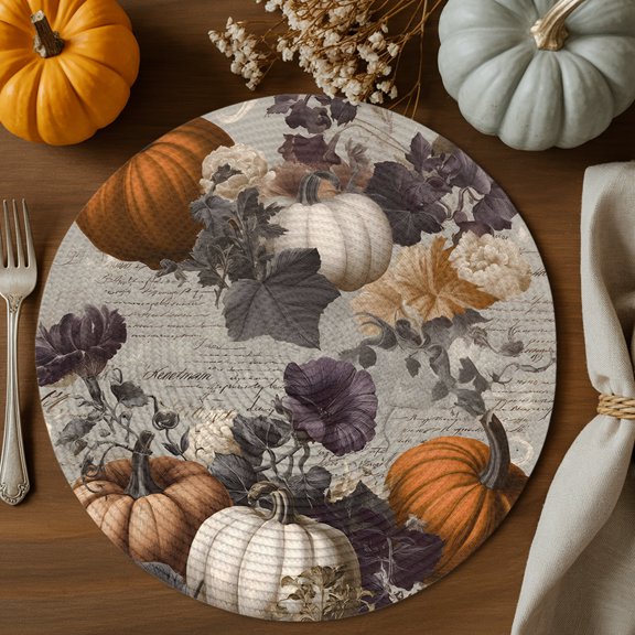 Vintage Pumpkin Round Braided Placemats Set of 4, Floral Leaf Plant Heat Insulation Place Mats Washable Non-Slip Table Mats for Kitchen Dining Party, 13 Inches