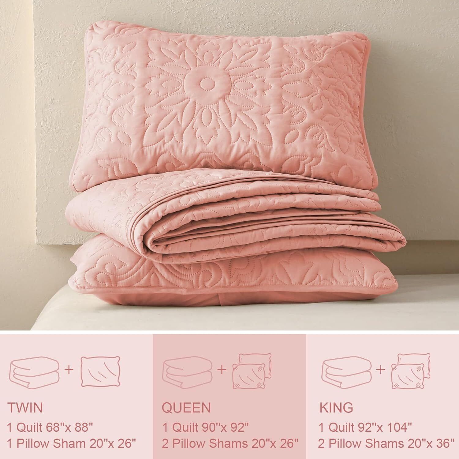 Whale Flotilla 3-Piece Queen Quilt Set, Soft Embossed Bedding Set, Lightweight Bedspread Coverlet with Damask Vintage Pattern, Reversible Bed Cover for All Seasons, BlushPink