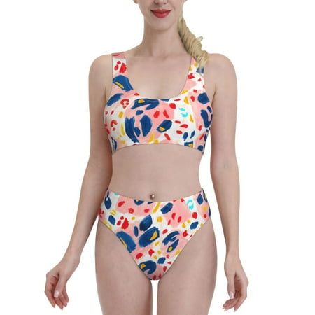 Daiia Abstract Leopard Print Women S Bikini Swimsuit Two Piece Swimsuit High Waisted Slim Fit High Leg Spaghetti Straps Bathing Suit- Small