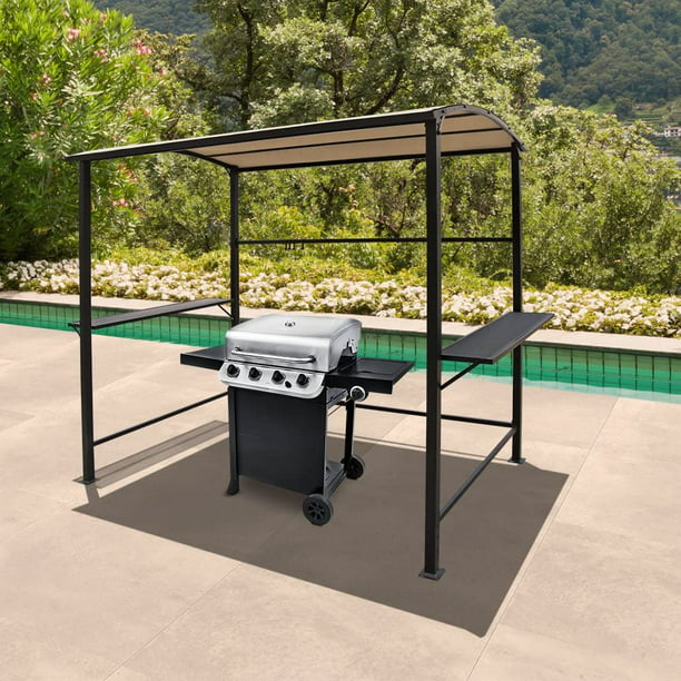 COBANA Grill Gazebo 8’by 4.6’ Outdoor Patio BBQ Canopy with Single-Tier Soft Top and Metal Shelves, Beige