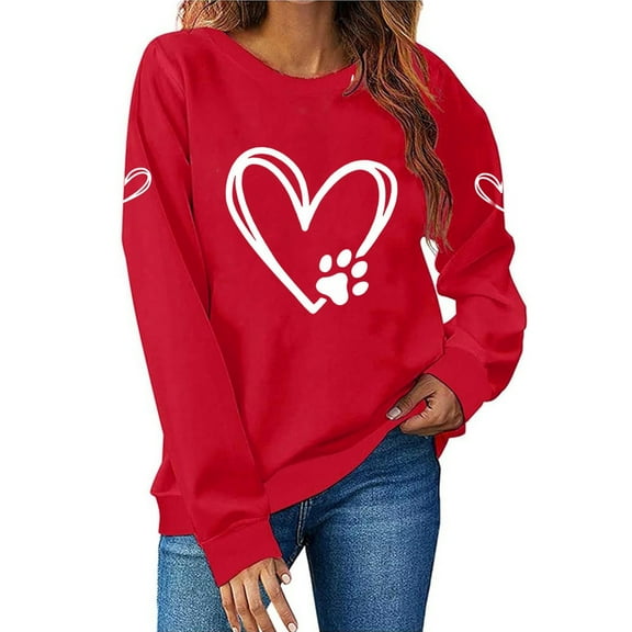 SYMOID Womens Pet Lover Sweatshirt - Red Heart Paw Print Graphic, Casual Loose Fit Crew Neck, 100% Polyester Cute Animal Themed Easy Care Top,Size L