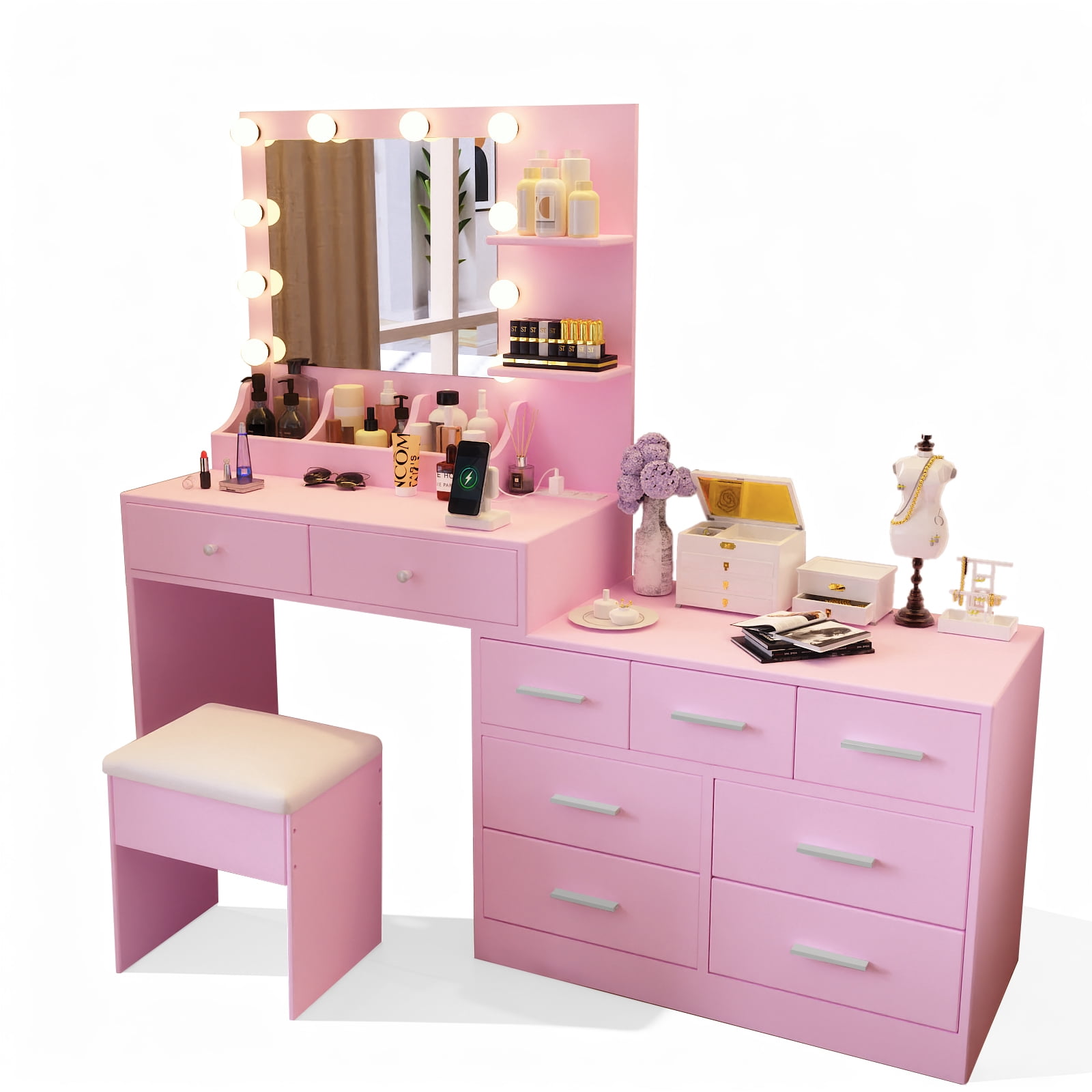9-Drawer 2-Shelf 3-Desktop Storage Dressing Table Set, Dressing table with 3-Color Light Bulbs Combined Cabinets Particleboard with Textured Melamine Finish, 31.5*15.75*55.1in, Pink