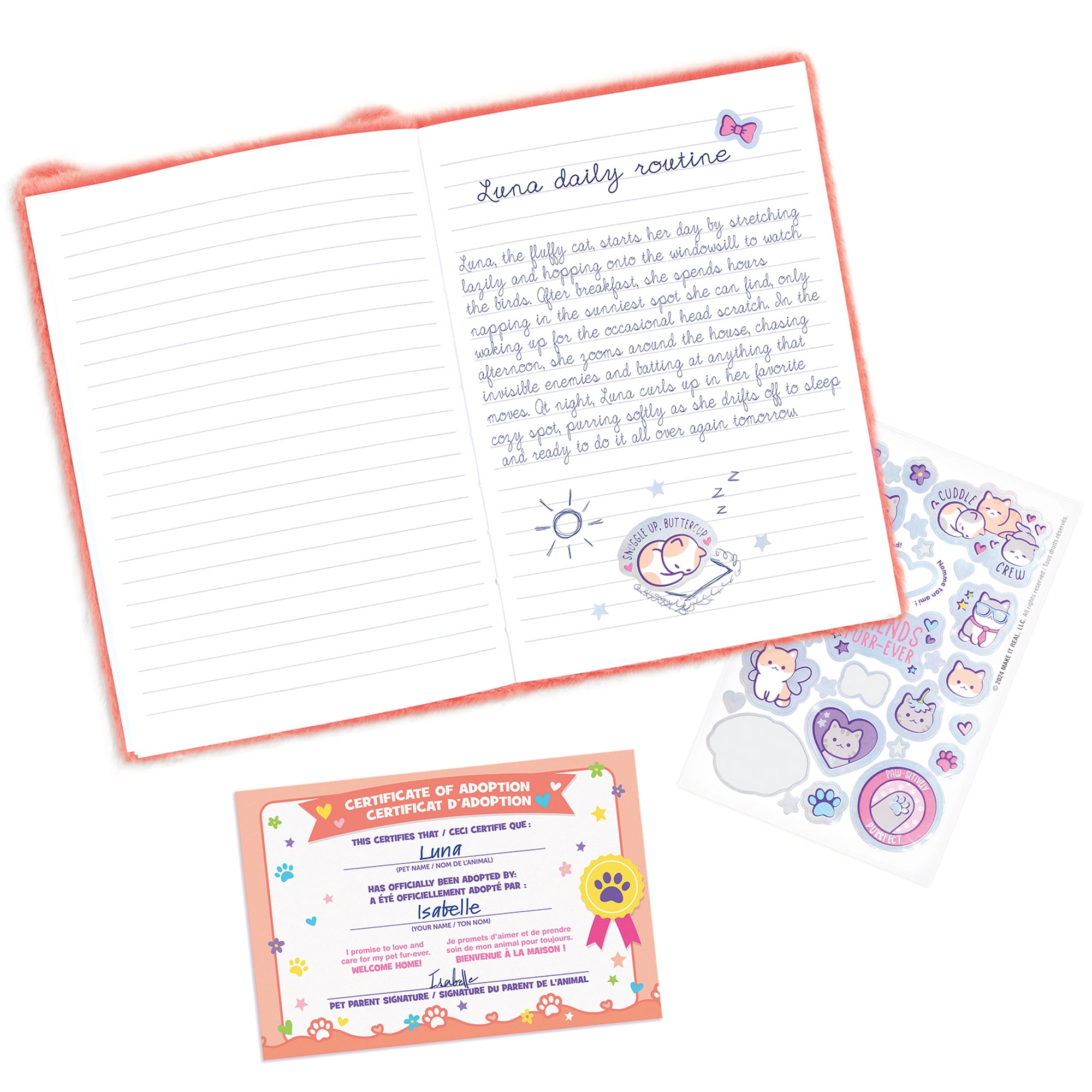 3C4G: Happy Tails Pet Adoption Journal - Cat - Pink Fuzzy Plush Diary, 3D Ears & Paws, Stickers, Custom Animal Adoption Certificate, Girls & Kids 6+