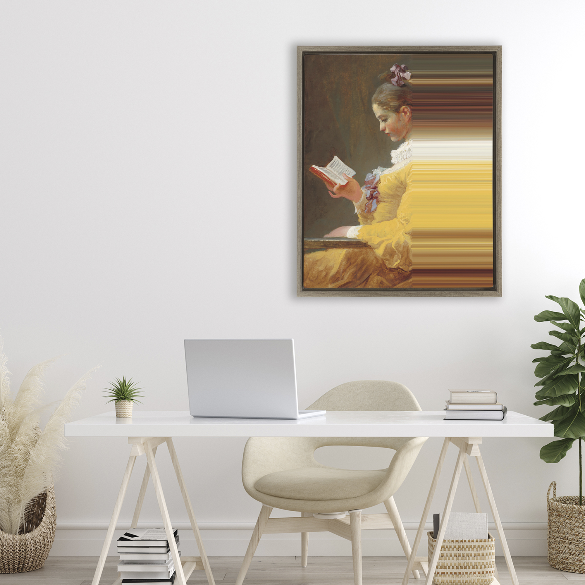Vintage Lady Reading with Gradient Streaks Brown Framed Floater Canvas Wall Art, design by Seven Trees Design