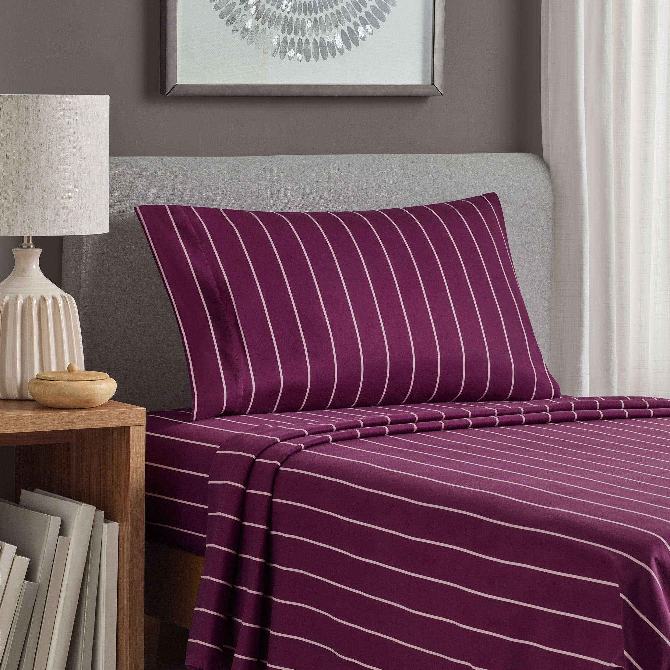 Mainstays 100% Cotton 3-Piece 220 Thread Count Maroon and Pink Stripe 100% Peached Cotton Dreamy Soft Bed Sheet Set, Twin/Twin XL