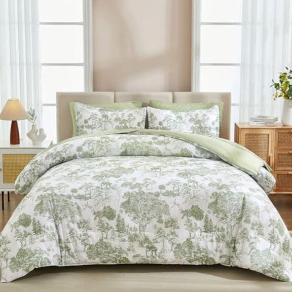 Comforter Set Queen Size Sage Green 7 Pieces Bed in a Bag Queen Botanical Comforters with Sheets Elegant Plants Print Soft Microfiber Reversible Complete Bedding Sets for All Season