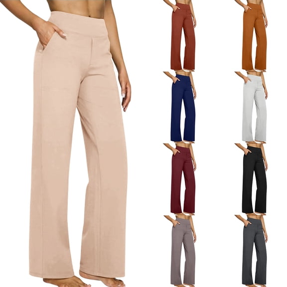 Women's Casual Pants, Cropped High Waisted Straight Leg Trousers with Pockets, Loose Fit Stretchy Work Pants for Yoga, Office, Casual Wear and Daily Outfits-Beige