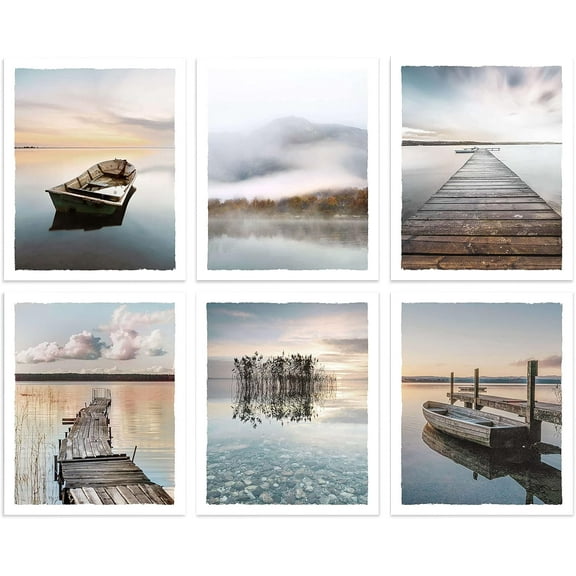 Lake Scene Wall Art Pictures Boat Pier Artwork Mountain Forest Prints Nature Landscape Photograph for Living Room Wall Decor Unframed 8x10 Inches Set of 6