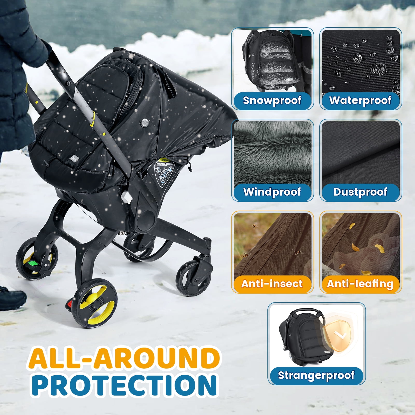 Orzbow Winter Car Seat Cover for Babies, Waterproof Carseat Canopy Cover with Peep Window of Breathable Mesh, Warm and Cozy Baby Car Seat & Carrier Covers for Cold Weather, Machine Washable, Black