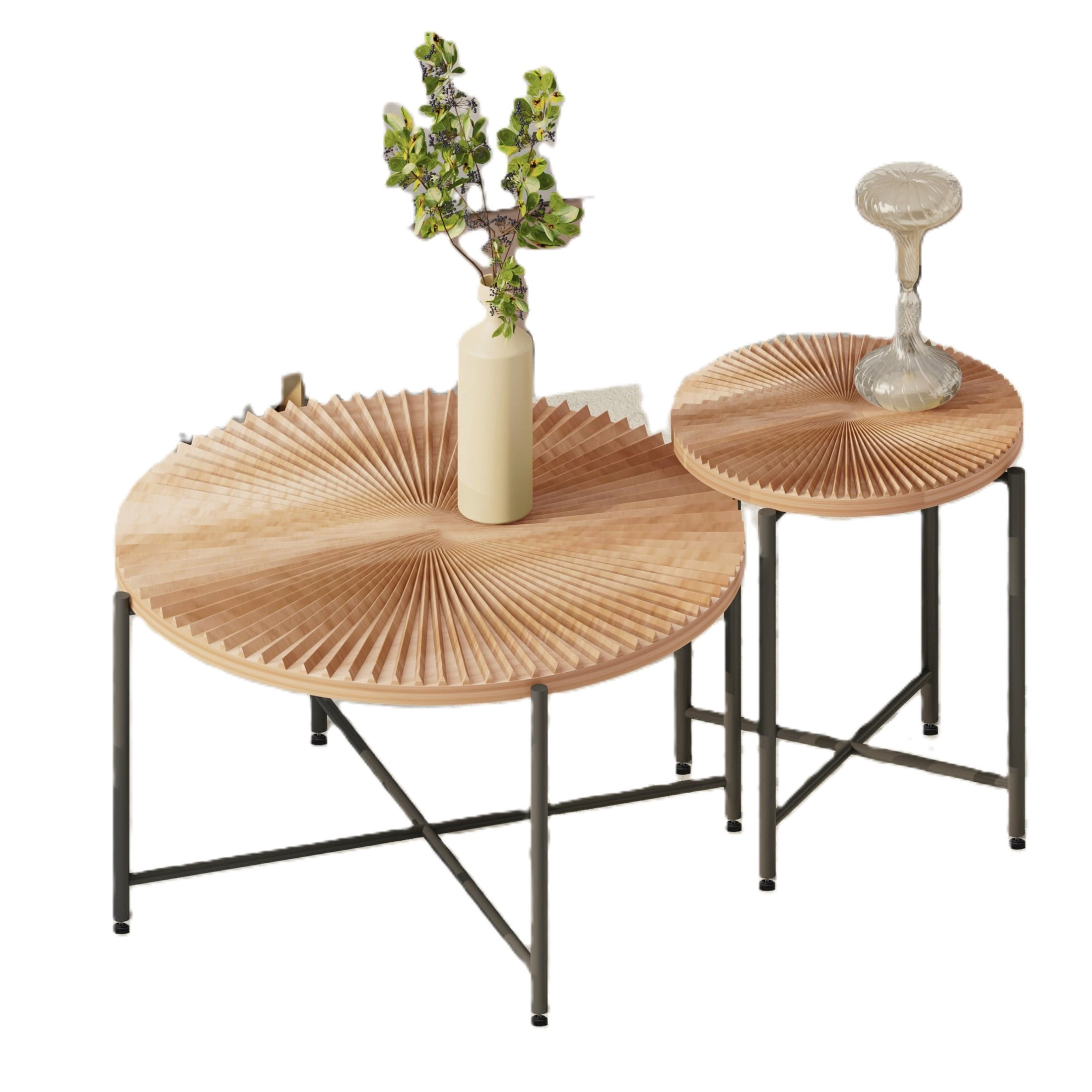GDF Studio 2-Piece Rustic Coffee and End Table Set, Radial Pattern Tabletops, Black Metal Legs, Brown