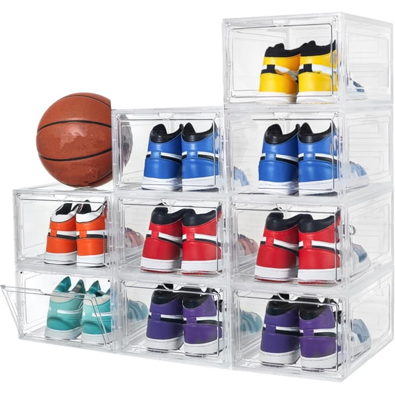 X-Large Clear Shoe Boxes Stackable Plastic Shoe Organizer ,Thicken & Sturdy Shoe Storage Box with Magnetic Door, Drop Front Shoe Box For Display Sneakers( 9 Pack, Clear White)