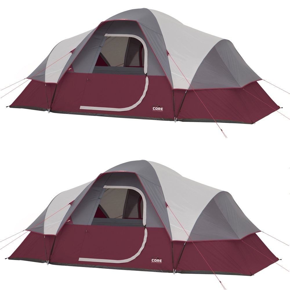 CORE Extended Dome Tent 16' x 9' 9 Person Camping Tent w/ Air Vents Red