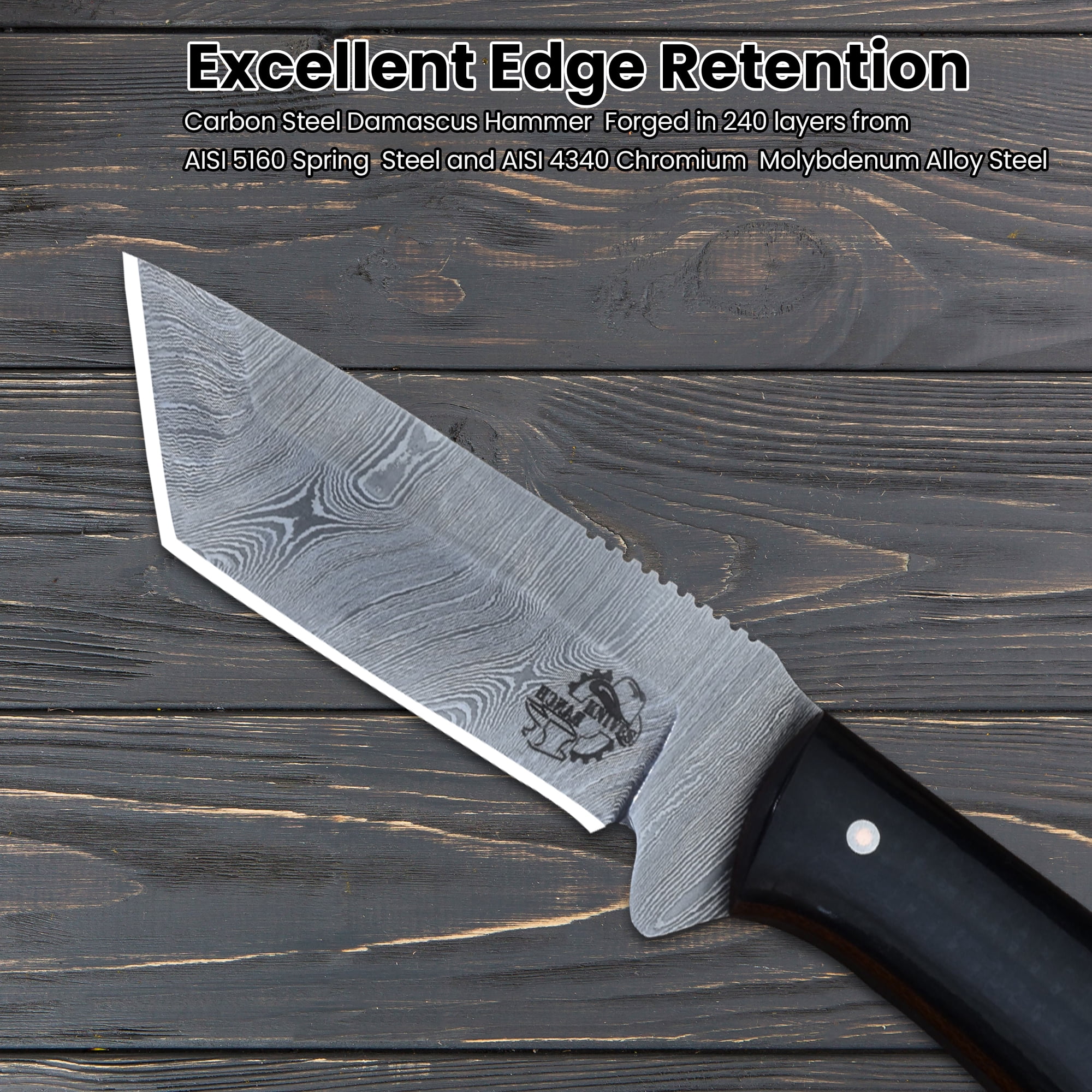 Knives Ranch Handmade Everyday Carry Knife - Full Tang Damascus Steel Blade - Horizontal Leather Sheath - Fixed Blade Utility Knife with Micarta Handle